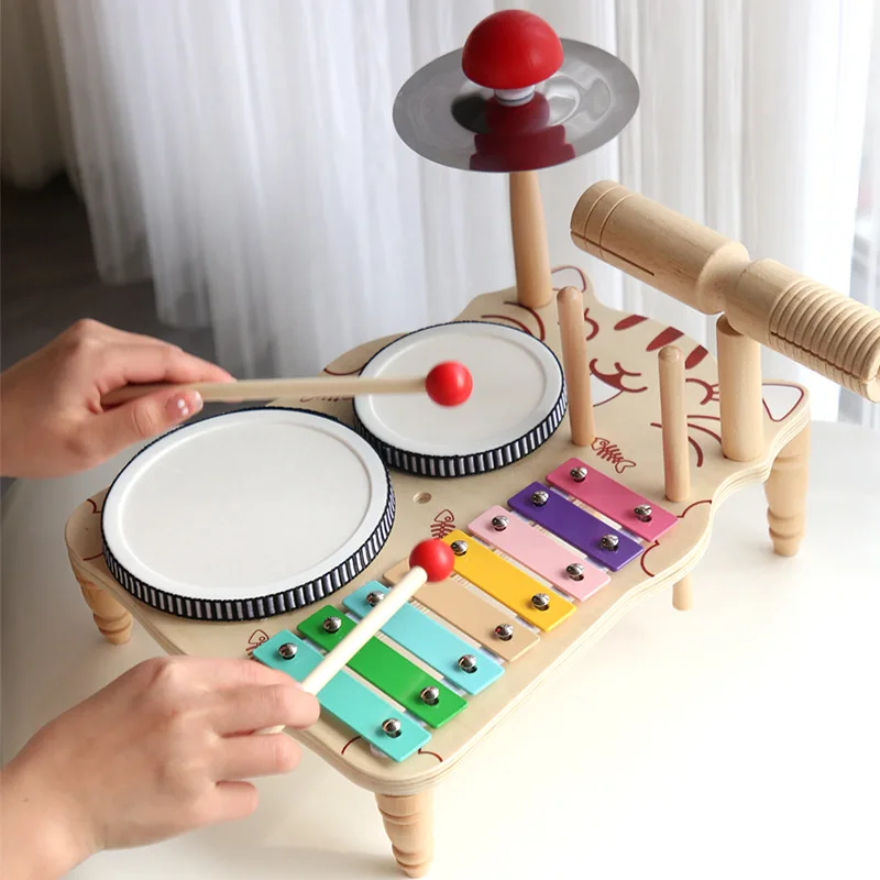 Wooden Music Toys For Babies Children's Multifunctional Music Knocking Table Early Education Kids Drum Set Music Toy Baby Gift 2