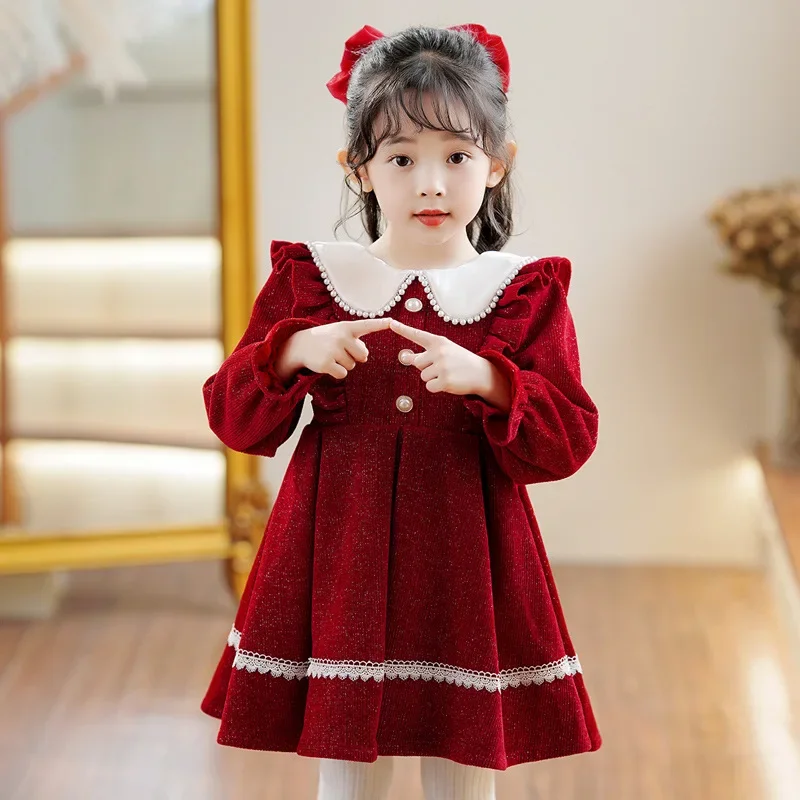

Young Girls' Winter Princess Clothes Red Thickened Velvet Dresses Baby Girl One-piece New Year's Birthday Party Corduroy Dress ‌