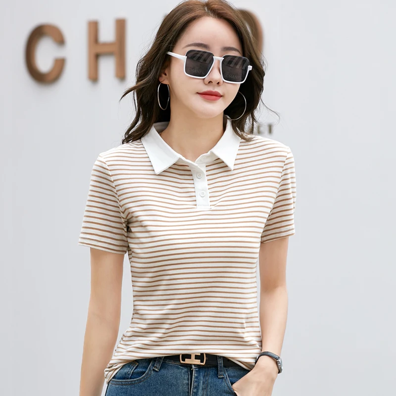 Korean Style Short Sleeve Polo Shirt Women Cotton Stretch Fashion