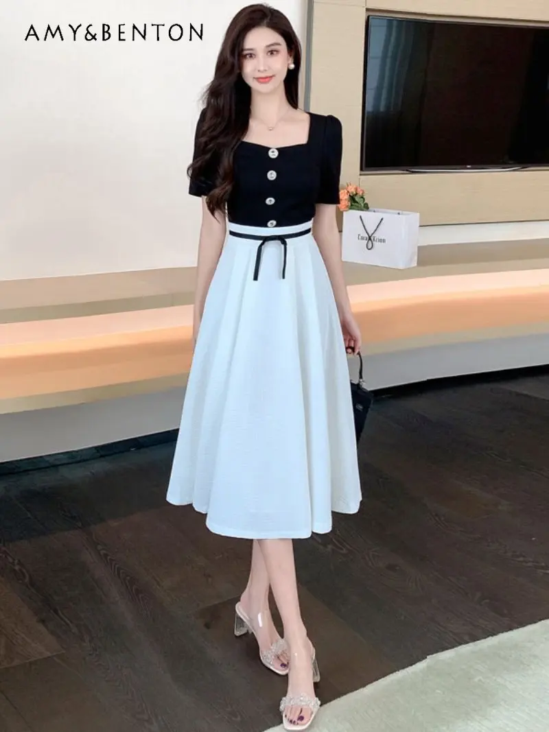 

Summer 2023 New Women's High-End Luxury Black and White Stitching Square Collar Short Sleeve Dress Waist Slimming Trendy Dress
