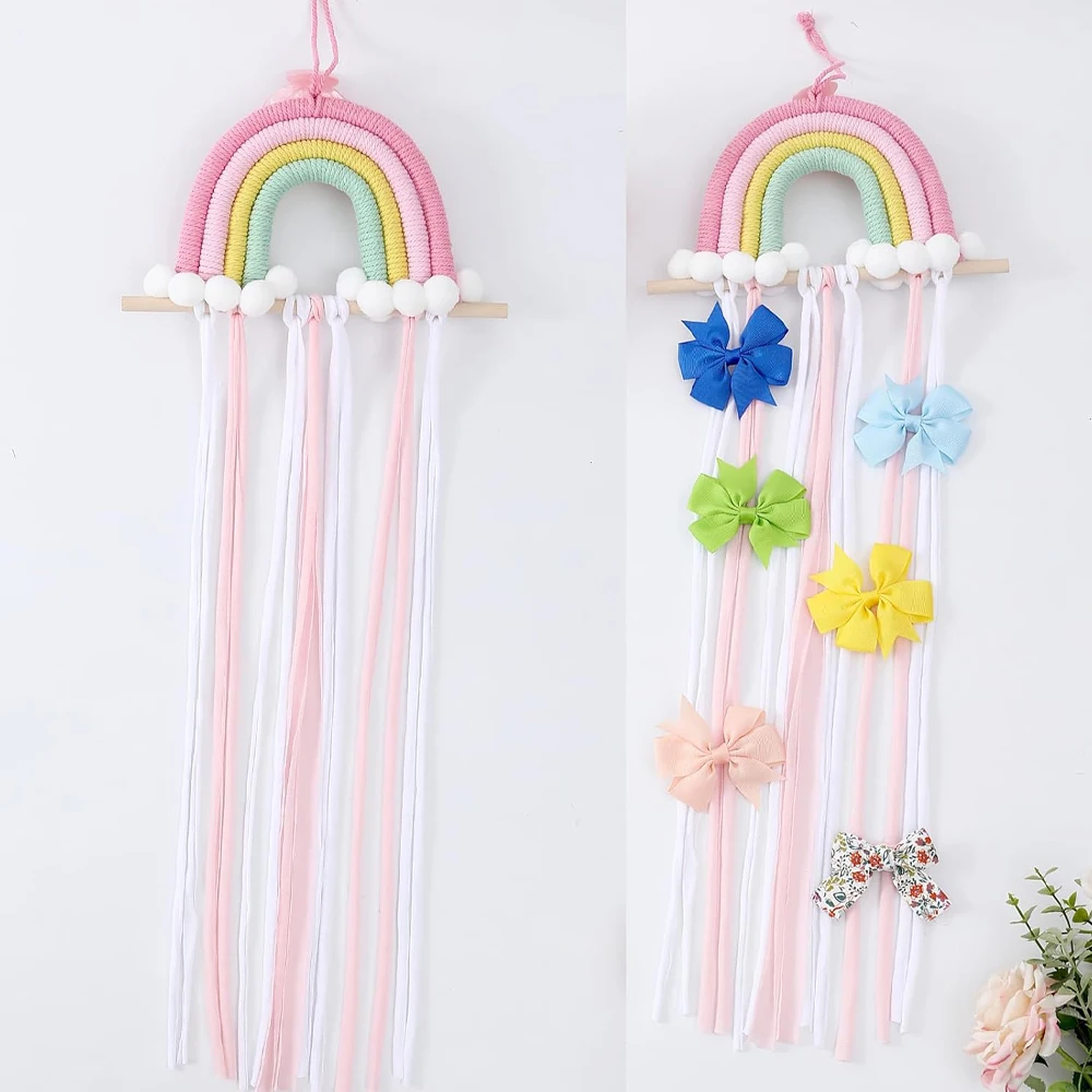Accessori per capelli Portaoggetti da appendere, Decorazione da parete, Cintura portaoggetti per fiocchi per capelli, Supporto per accessori per forcine per bambini arcobaleno intrecciato