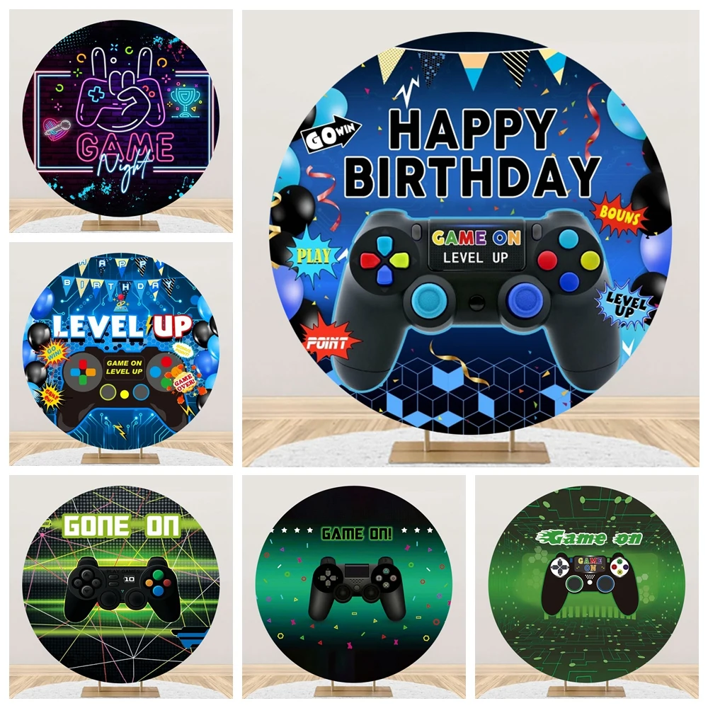 

Game On Party Round Backdrop Cover Gaming Theme Level Up Customized Boy Birthday Decor Circle Photography Background Photo Props
