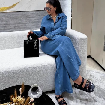 Denim Pant Set Women Two Piece Sets Turn Down Collar Mom Jeans Shirt Tops Wide Leg Long Pants Straight Trousers Y2k Streetwear 1