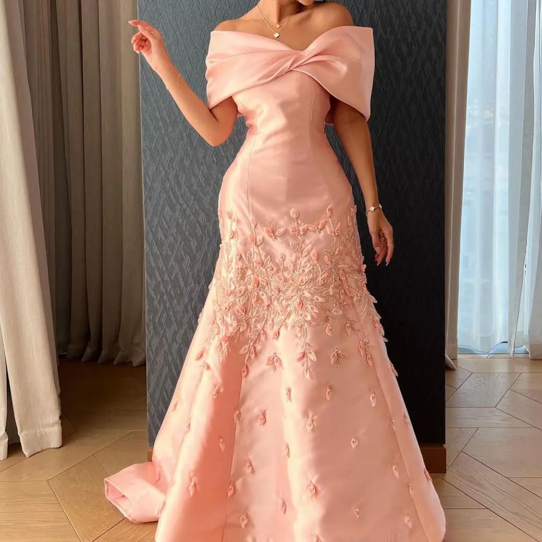 

FLORINE TULIRAIN Off-the-shoulder Sheath Beaded Feather Pink Simple Wedding Evening Dress Cocktail Prom Gown For Sexy Women