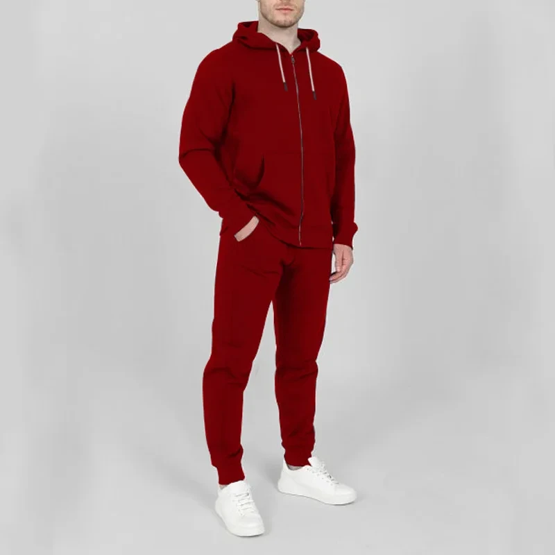 

Zipper men's sports hoodie two-piece set, solid color long sleeved hooded cardigan, men's autumn/winter sports shirt+sports jack