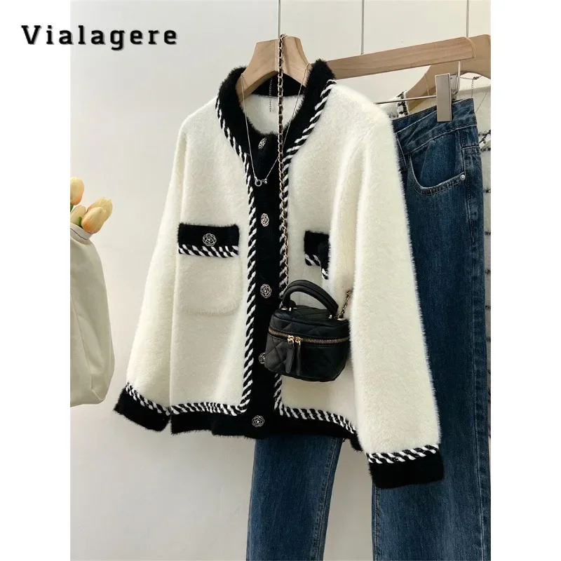 

2023 Winter Female Casual Office Lady Knitting Long Sleeve Cardigans Women's Round Neck Patchwork Pockets Elegant Sweater Top