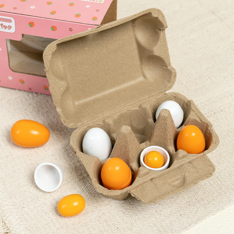 6 pieces simulated wooden egg toy set for children pretending to play with food egg yolk kitchen food children's toys