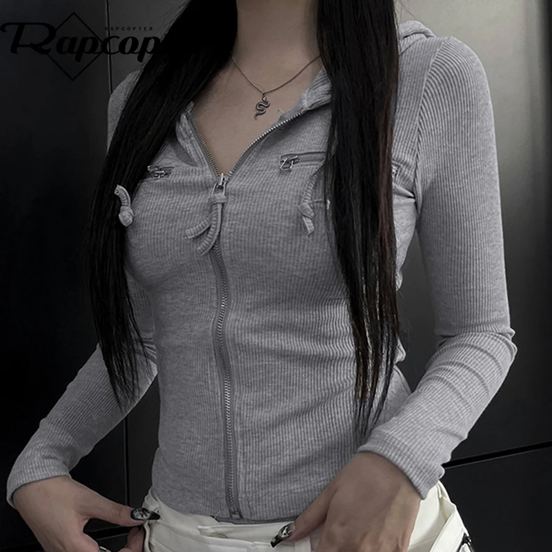 

Кроп-топ Rapcopter серый на молнии с капюшоном, Модная трикотажная футболка-карго, уличная одежда для отдыха, спортивная Корейская толстовка, Ретро стиль, Осень-зима