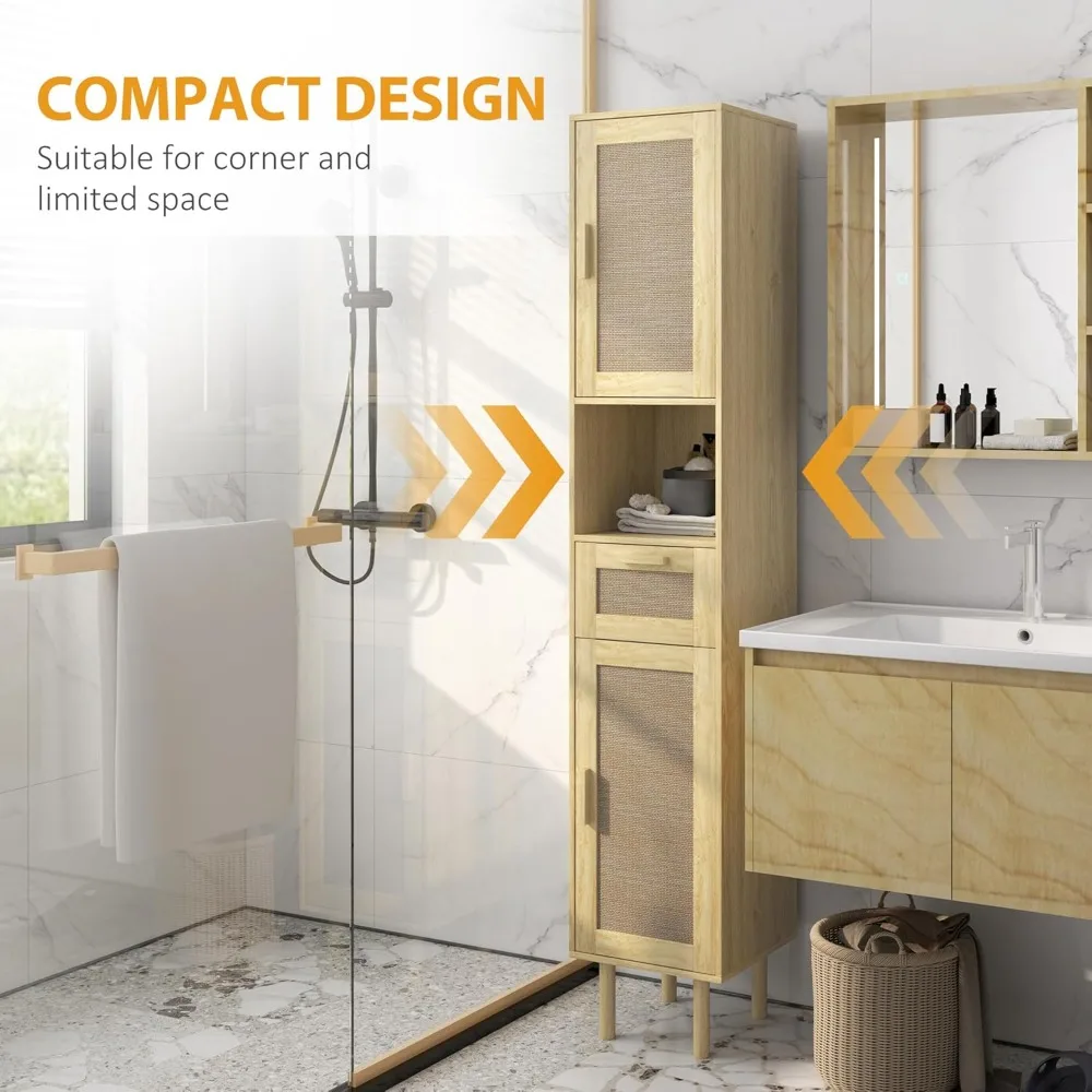 Tall Bathroom Storage Cabinet with Wicker Doors & Open Shelves 5