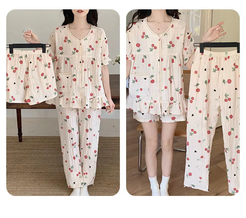 Yasuk Primăvară Toamnă Vară Femei Casual Moale Sleepwear Pamas Set cu Pantaloni Lungi Scurti Dulce Imprimeu Dantelă Căpșuni_voghion.com