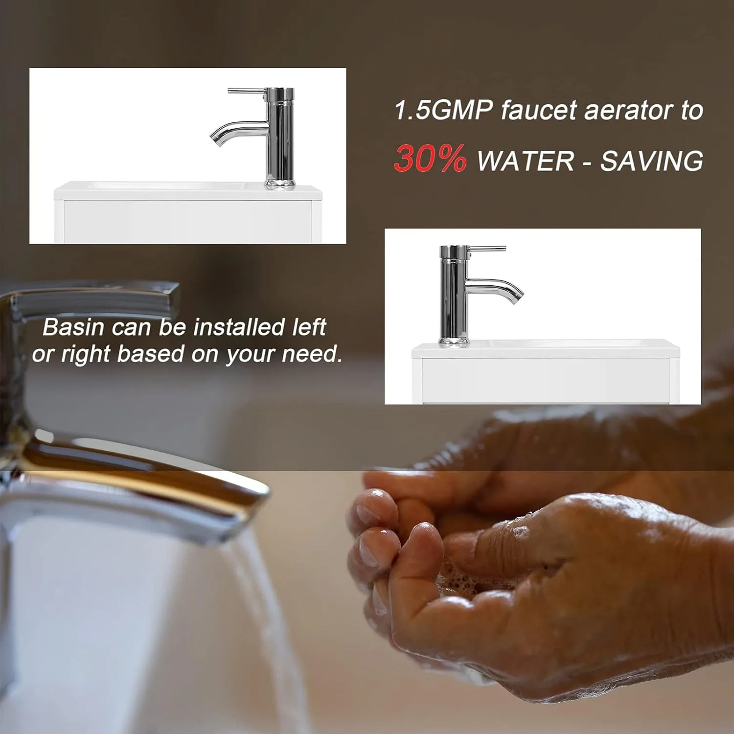 16"Small Bathroom Vanity Sink Combo,Wall Mounted Floating Cabinet W/Resin Basin Sink Top,Chrome Water Save Faucet & Pop Up Drain 3