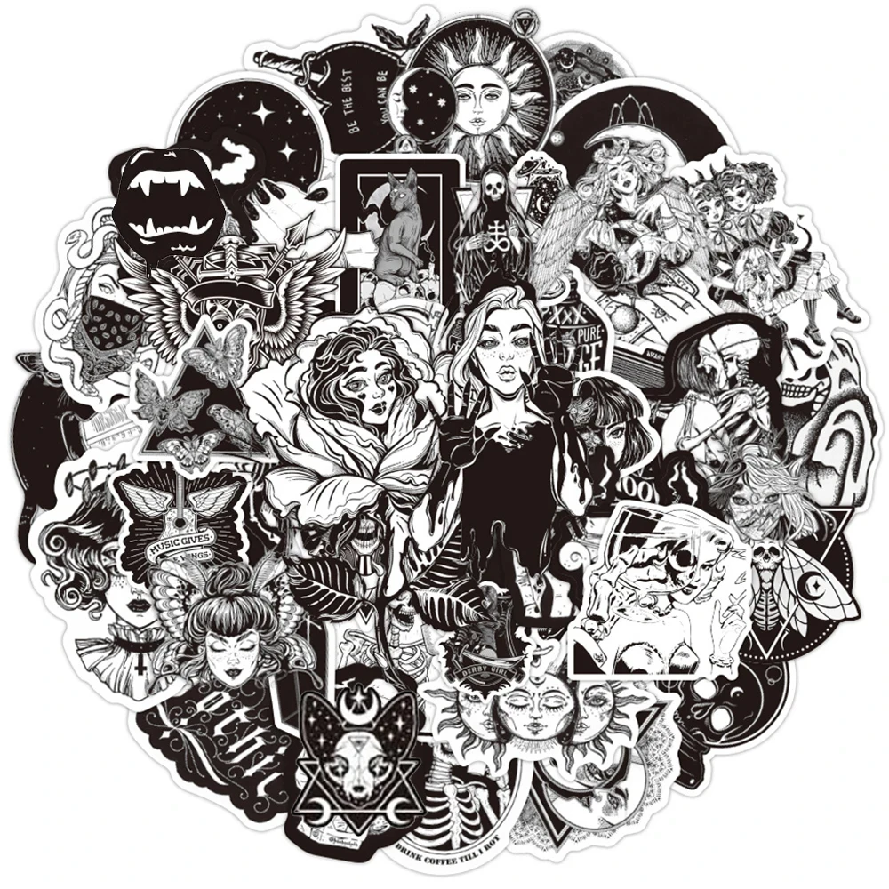 10/30/50PCS Retro Gothic Style Black and White Stickers DIY Bike Travel Luggage Guitar Laptop Waterproof Classic Kid Toy Sticker gothic stickers