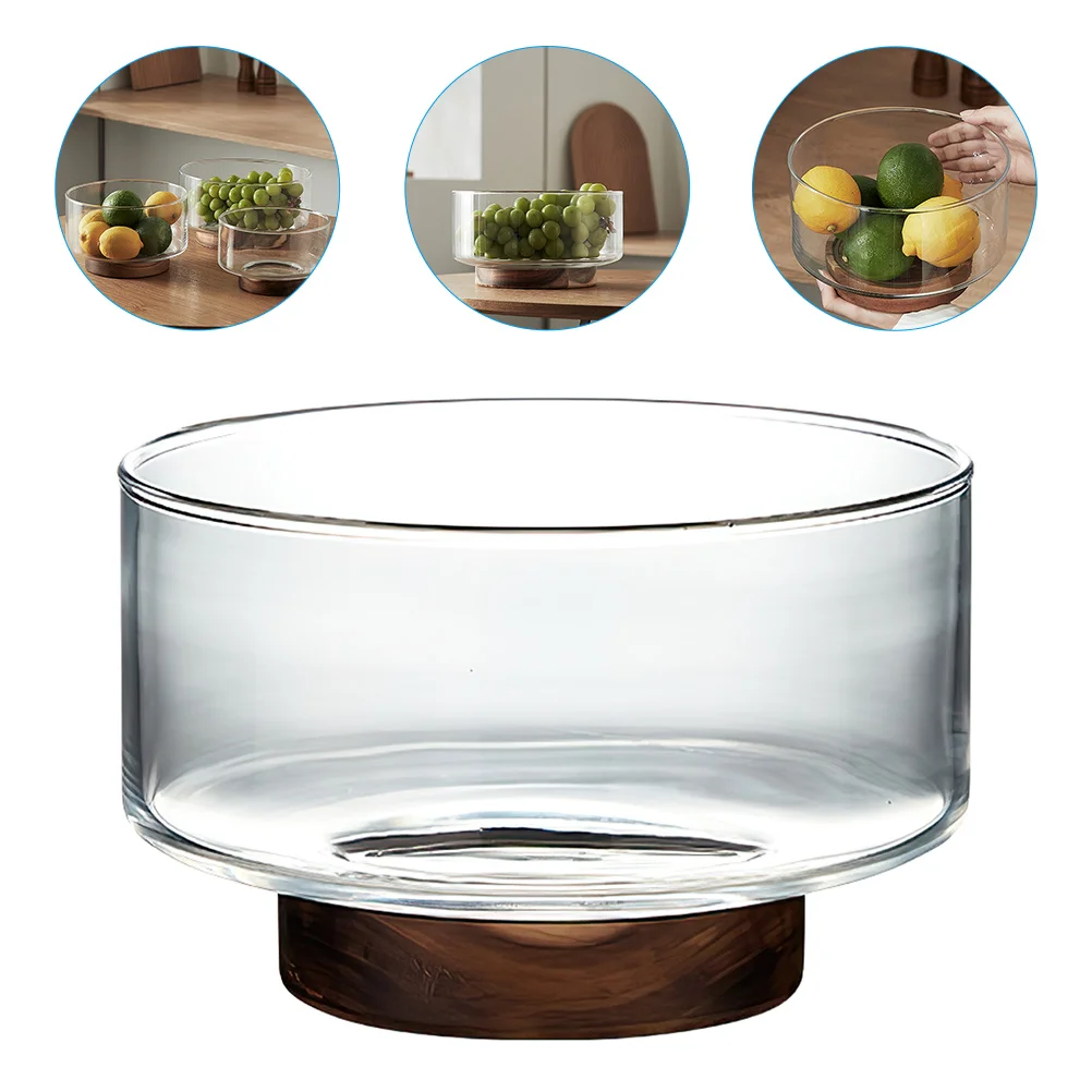 

Cabilock Home Decor Glass Fruit Bowl Japanese Style Salad Container Snack Dessert Holder Wooden Base Kitchen