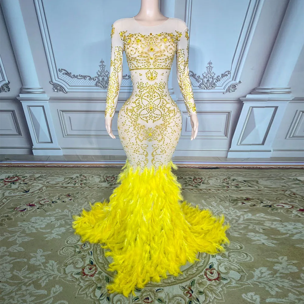 

Женское привлекательное желтое Тюлевое платье с блестками и перьями в стиле пэчворк, хостинговая модель для певицы, одежда для сцены и представлений