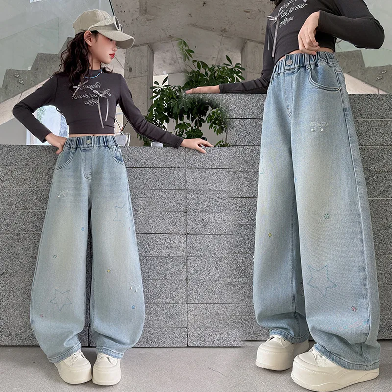 신상품 봄 가을 여아용 별무늬 루즈핏 스트레이트 진 트렌디 데님 팬츠 아동 패션 계절 바지