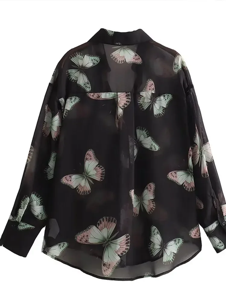 Chic Butterfly Print Loose Long-sleeved Top Women 2023 Autumn Spring Turn-down Collar Button Asymmetric Tops Female Streetwear
