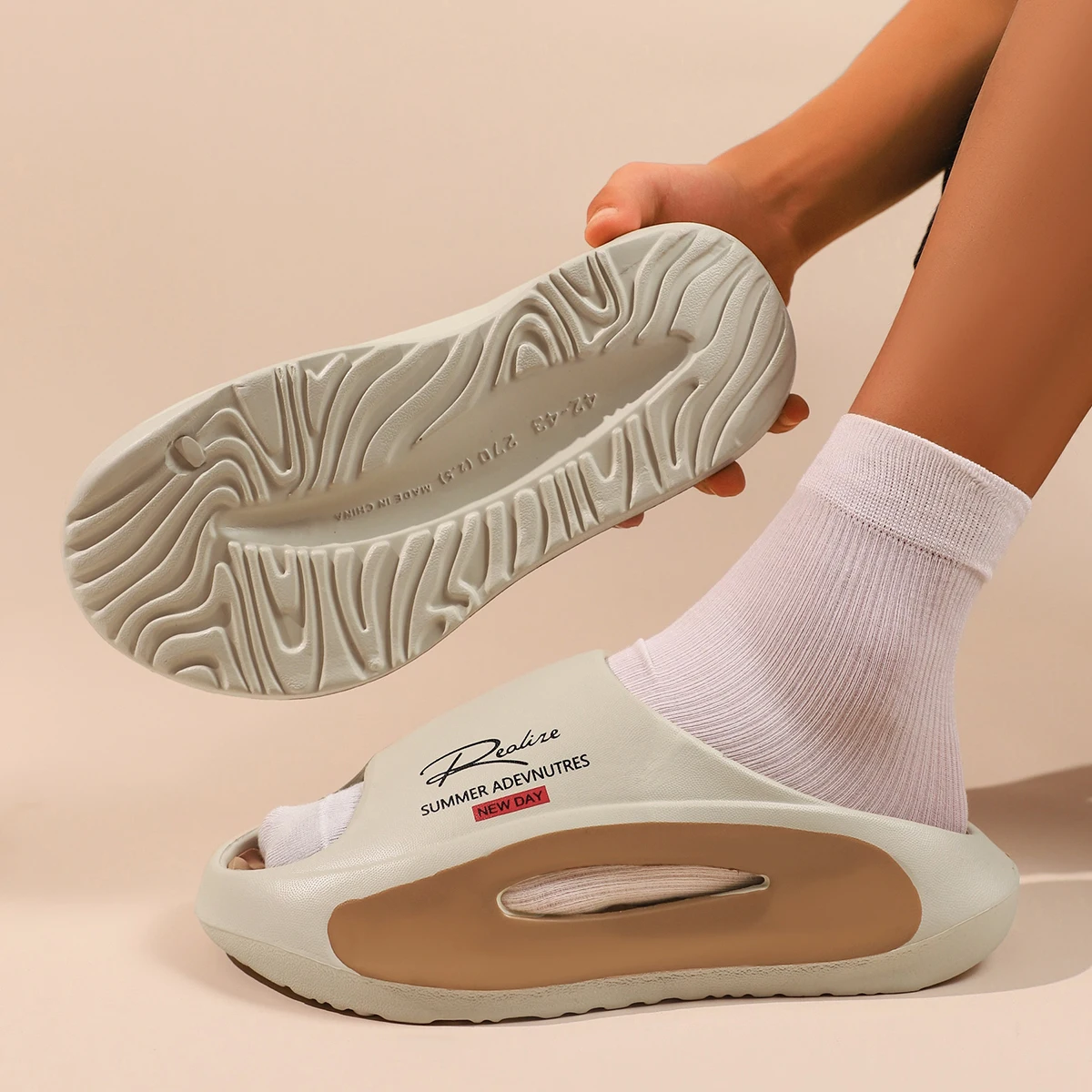 Men's Sport Slippers - Lightweight EVA Non-Slip Slides with " Summer Adventures New Day" Graphic, Open-Toe Design for Indoor/Out