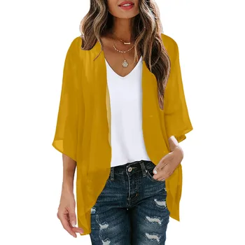 Fashion Solid Cardigans Women's Summer Blouse 2024 Casual Long Sleeve Blusas Female Thin Tunic Tops Kimono Cape 1