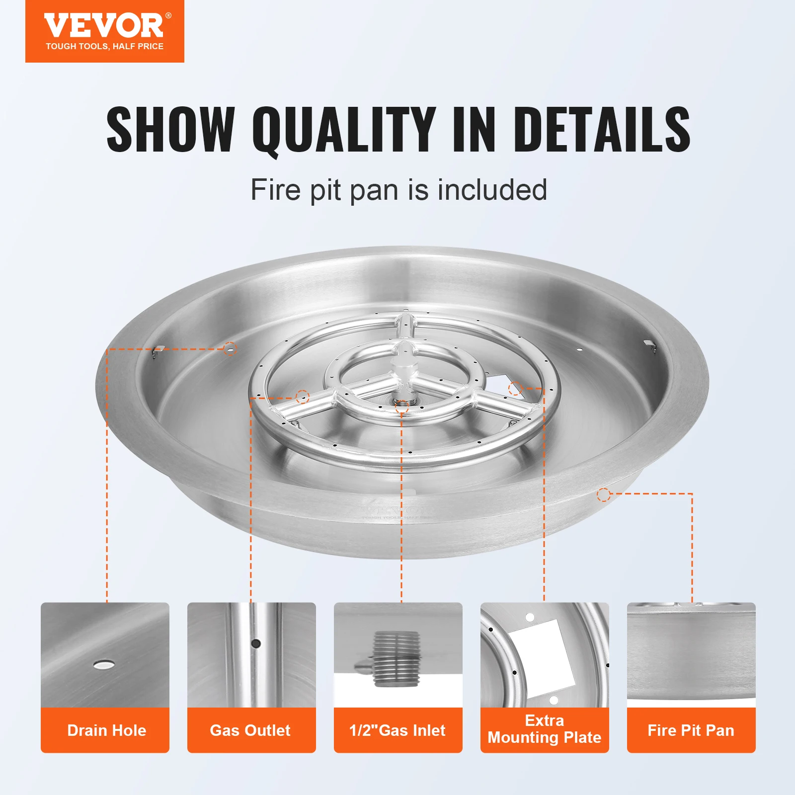 VEVOR 19 inch Round Drop-in Fire Pit Pan Stainless Steel Fire Pit Burner Natural & Propane Gas Pan 92000 BTU with Lid for Indoor