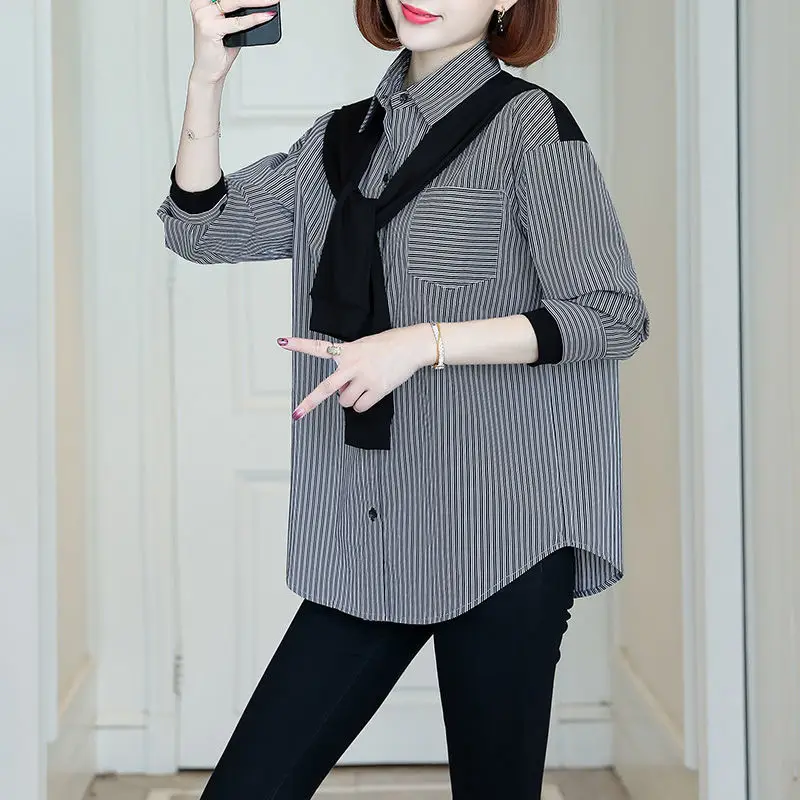 Women's Spring and Autumn Fashion Commuter Simple Splice Fake Two Piece Striped POLO Collar Button Long Sleeve Cardigan Tops