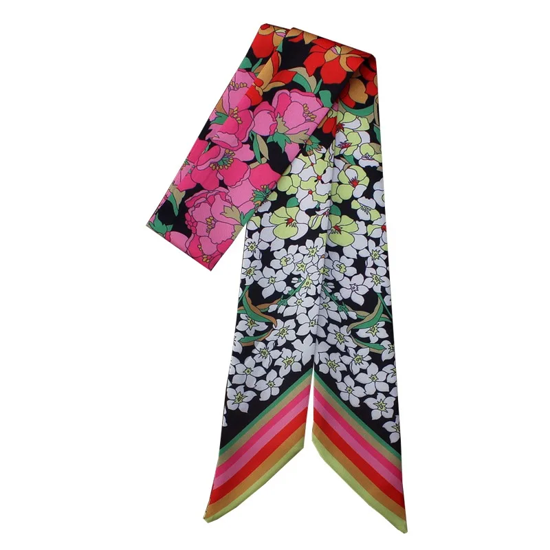 Small Floral Wrap Silk Scarf Variable Stripes Imitated Silk Printed Silk Scarf Women's Small Ribbon Headband Ribbon Scarf 6
