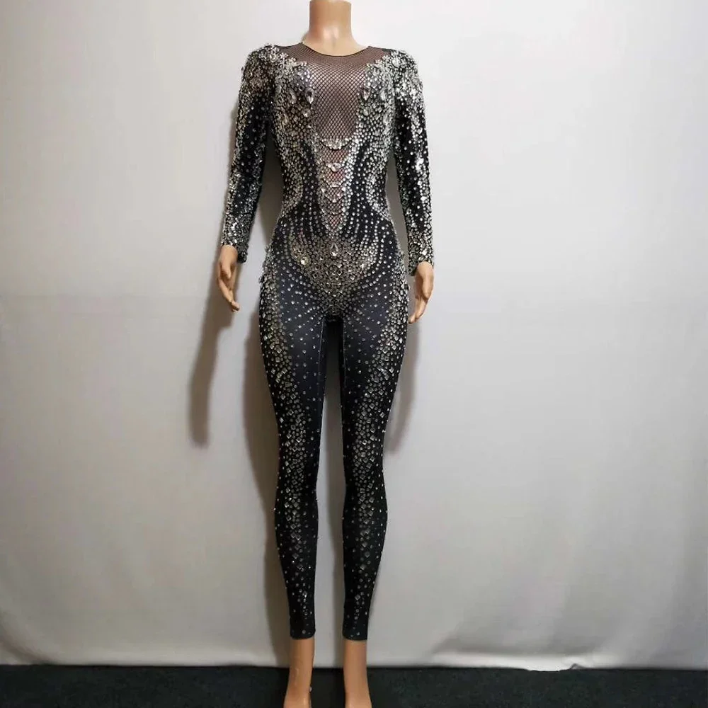 

Shining Rhinestone Women Outfit Black Jumpsuits Birthday Disco Costumes Nightclub Dance Stage Performance Festival Bodysuit