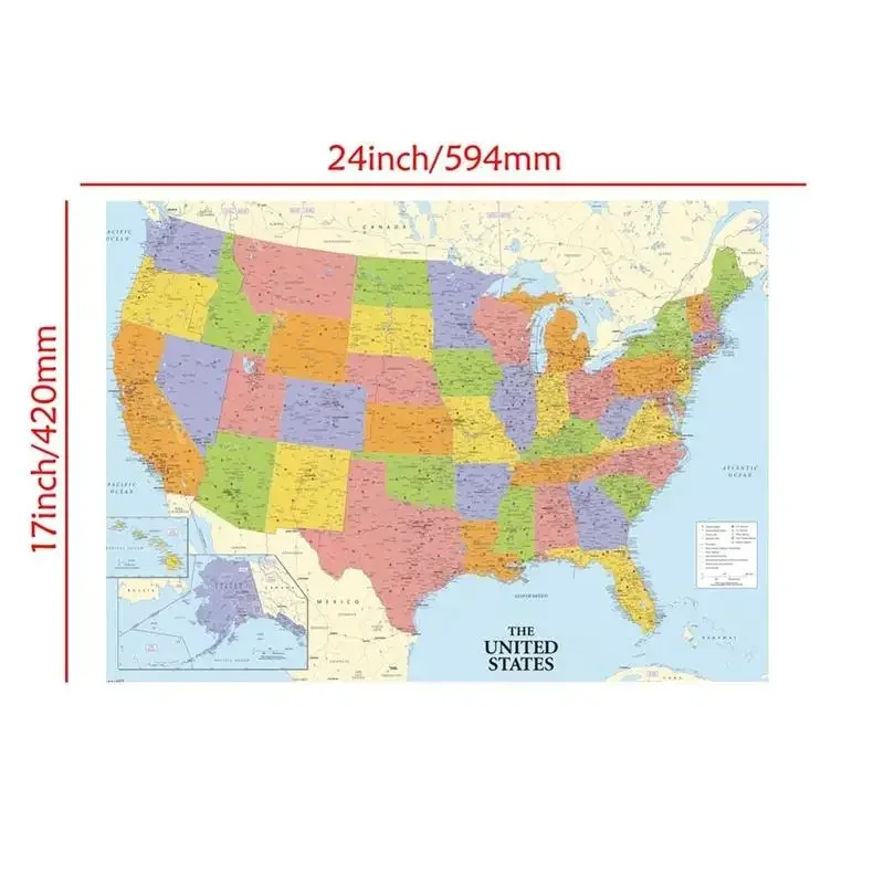 A2 Size Fine Canvas Printed Unframed Map of The United States Roll Packaged Wall Decor America Map for Home Office Decor