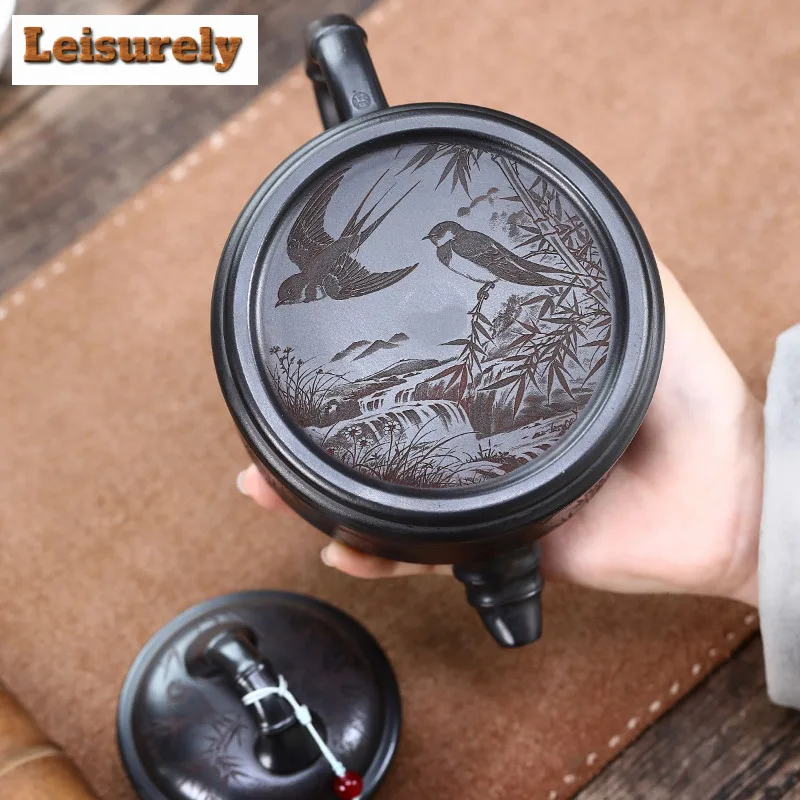 600ml Creative Yixing Purple Clay Teapot Handmade Bamboo Tripod Pot Raw Ore Stone Yellow Mud Tea Making Kettle Zisha Teaset Gift