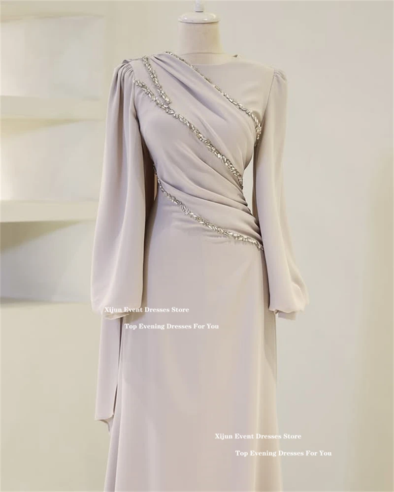 Xijun Modest Crepe Long Evening Dresses Beads Long Sleeves Formal Prom Dresses O-Neck Occasion Muslim Prom Gowns