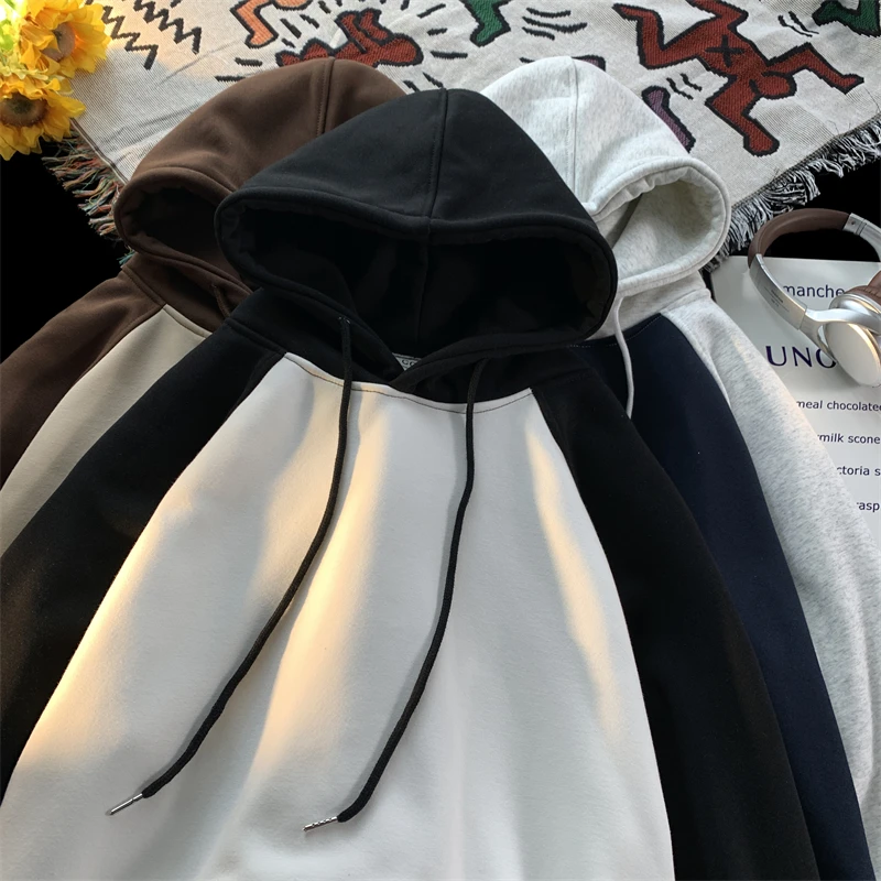 

2023 Vintage Women Hoodies Fashion Autumn Winter Hooded Pullovers Contrast Color Raglan Sleeve Streetwear Female Hip Hop Hoodie