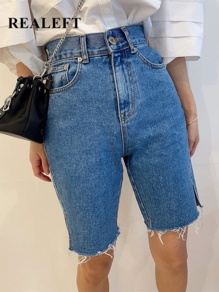 

REALEFT 2022 New Summer High Waist Vintage Washed Women Denim Half Pants Buttons Casual Female Side Split Pencil Jeans Trouses