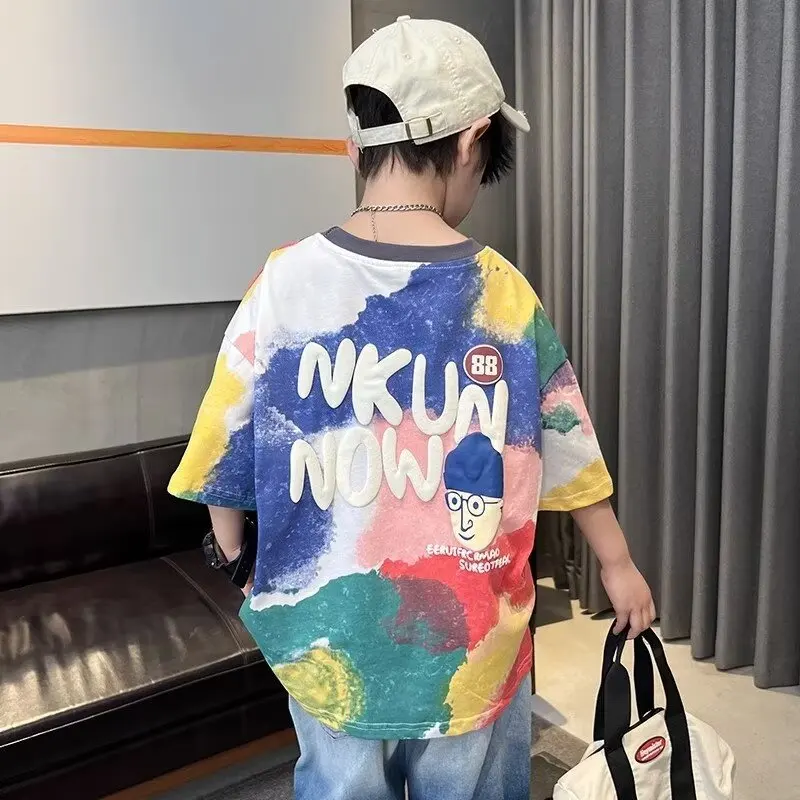 2024 Boys T-shirt High Quality Kids Clothes Summer Cartoon Graffiti Printed Tees Short Sleeve Children Tops Trendy New Styles