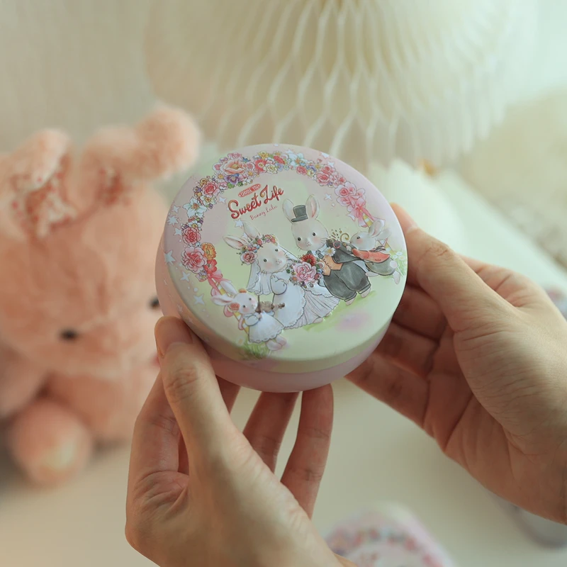 1PCS Cartoon Rabbit Dessert Tin Storage Box Small Round Seal Tea Cans Girls Bedroom Jewelry Case Metal Candy Packaging Gift Box