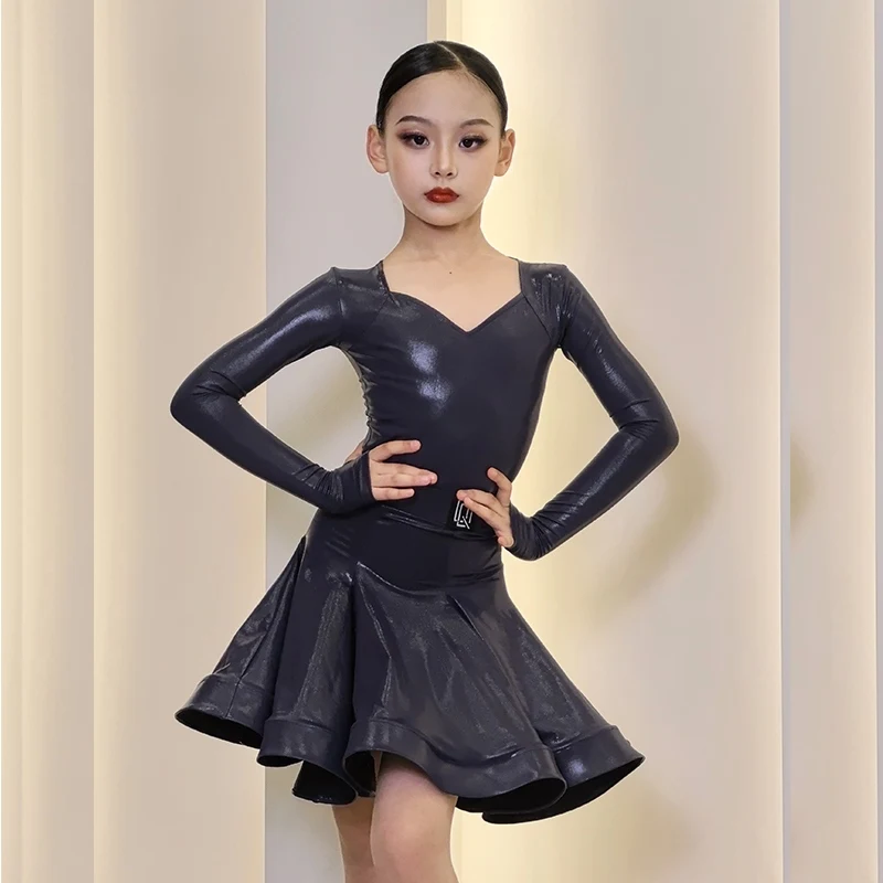 Girls Latin Dance Competition Clothing Glossy Fabric Long Sleeves Dance Dress Kids Cha Rumba Practice Training Wear V22000 dance dress