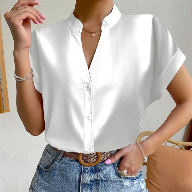 Women Solid Color Simple Style Single-breasted Cardigan Shirt Summer V Neck Short Sleeve Blouse Ladies Elegant Commuter Tops New