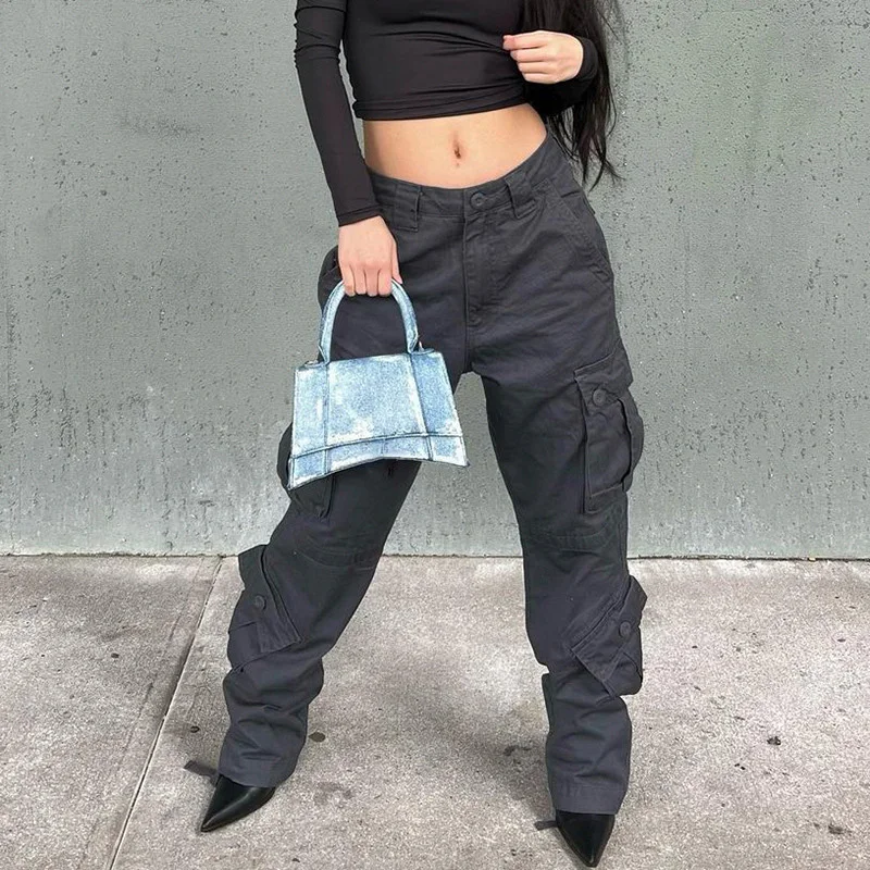 Autumn Winter Street Style Loose Casual Pockets Denim Cargo Pants Ladies Harajuku Y2K All-match Jeans Women Solid Color Trousers