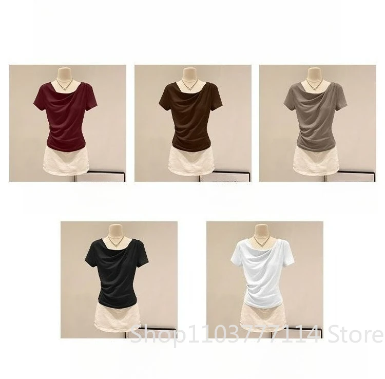 Summer Off Shoulder Top Women Summer Fashion Versatile Base Shirt Plus Size Slim Fit Short-sleeved T-shirt Casual and Sexy Beach