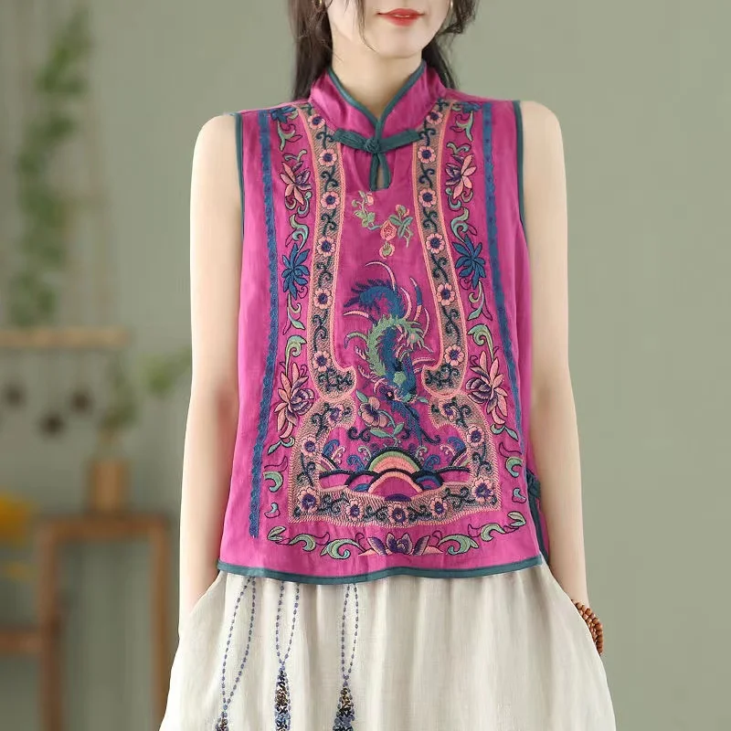 Retro Embroidery Cotton Linen Chinese Traditional Women's Vest Chinese Style Pullover Ladies Summer Exquisite Stand Collar Top