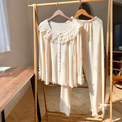 Autumn New Maternity Pajamas Woman Nightie For Nursing Pure Cotton Long Sleeve Trousers Pregnancy Breast Clothes Room Wear
