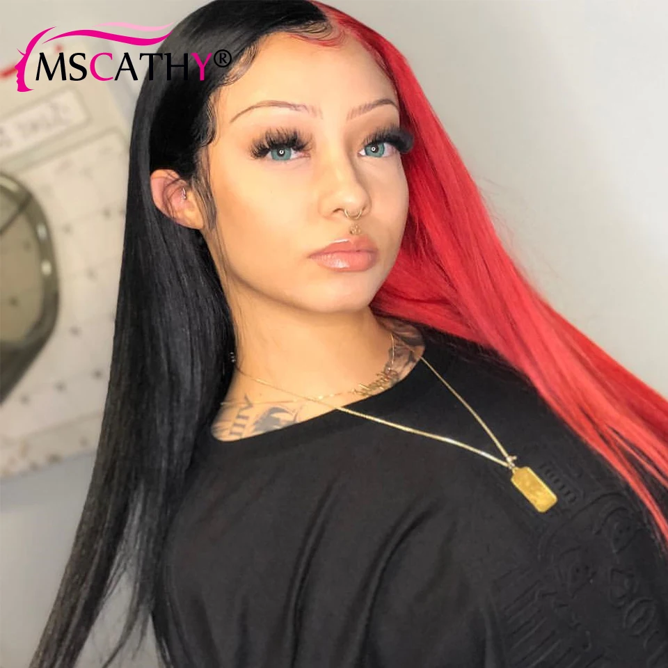 Long Straight Black Half Red Lace Front Wigs 613 Blonde Brazilian Human Hair Wigs For Women 4x4 HD Transparent Lace Closure Wig