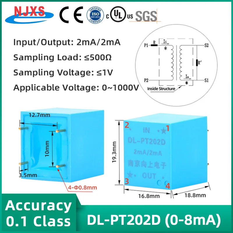 Mini Precision PCB Mount Voltage Transformer Pin Type AC Current Input Output 2mA/2mA Applicable Voltage 0~1000V Pin VT 2mA2ma