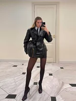 Mode femmes Faux cuir jupes ensemble col rabattu Double boutonnage taille manteau Mini jupe haute rue automne deux pièces ensembles 6
