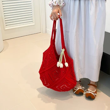Borsa a tracolla da donna Borsa per la spesa di grande capacità Borsa a mano in tessuto per vacanze al mare scavata