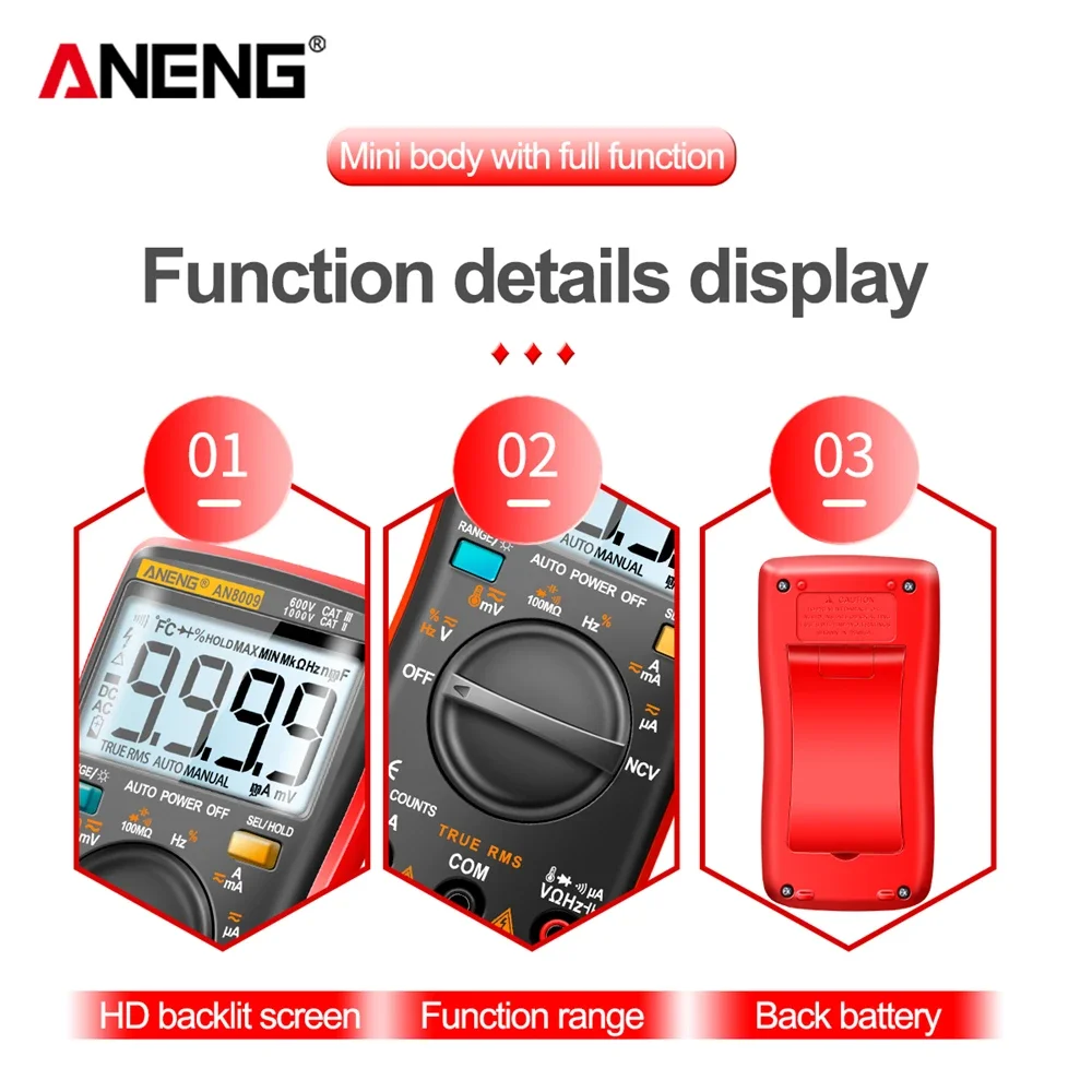 Digital Multimeter Transistor ANENG AN8009 Testers Capacitor True-RMS Tester Automotive Electrical Capacitance Meter Temp Diode