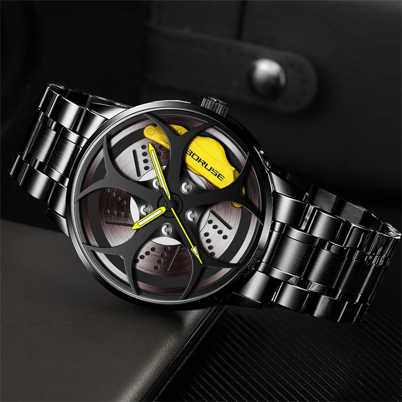 BORUSE Luxury Men's Fashion Car Wheel Watches Men Sports Waterproof Quartz Wristwatch Stainless Steel Wheel Hub Watch