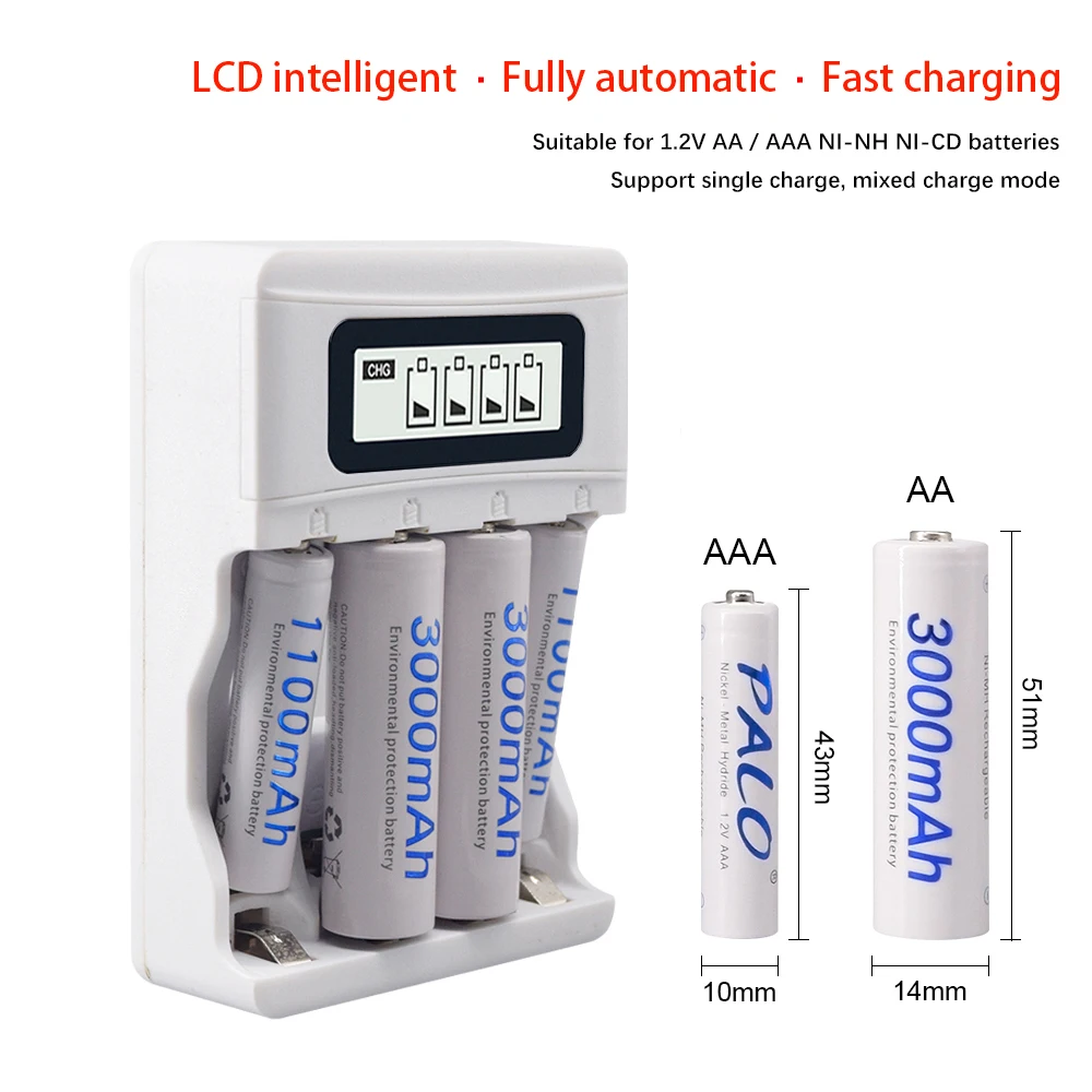 PALO 3000mAh AA Rechargebale Battery+AAA Battery 1100mAh 1.2V Ni-MH AAA AA rechargeable batteries R3 R6 battery and USB Charger images - 6