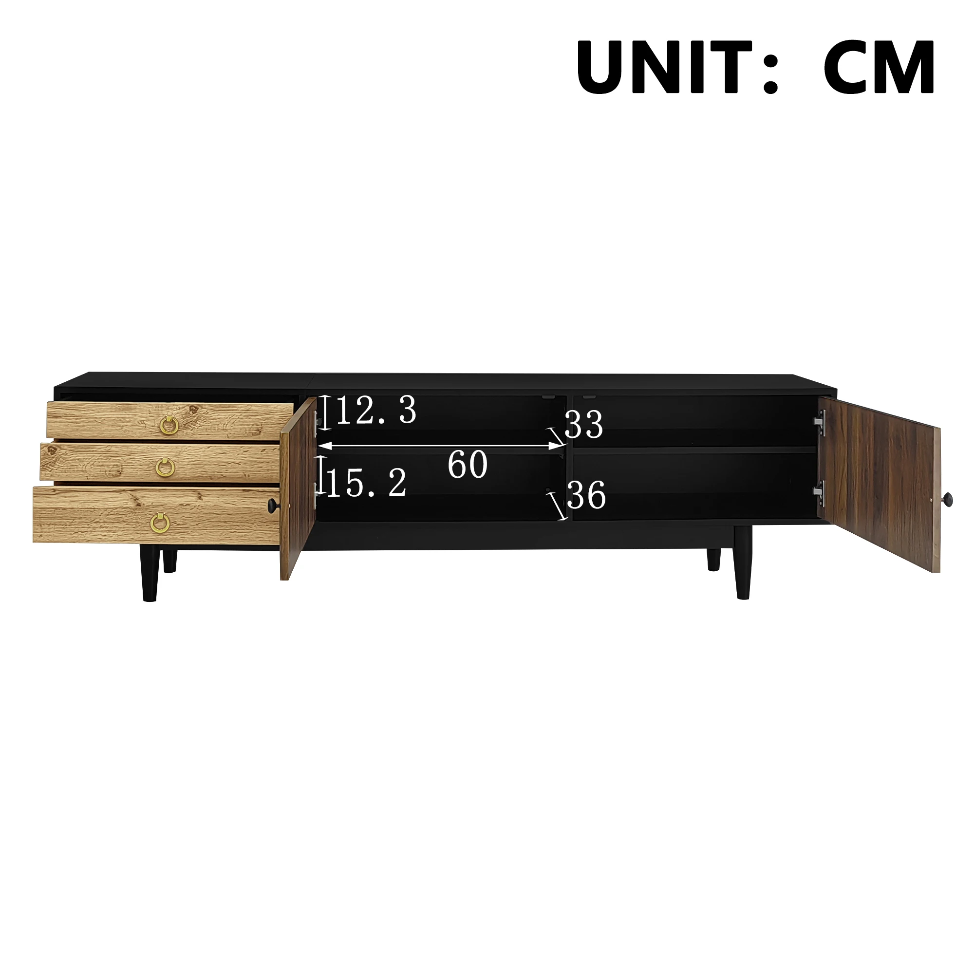 TV-Schrank, Lowboard mit Türpaneelen mit Wasserwellenmuster und drei Schubladen in einem Holz- und schwarzen Farbschema. – Detail 22