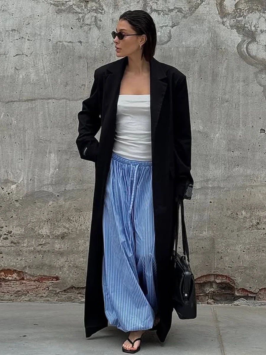 Bornladies 2025 Summer Women's Cotton Blue Thin Striped Baggy Lantern Pants Elastic Waist Casual Street Trousers