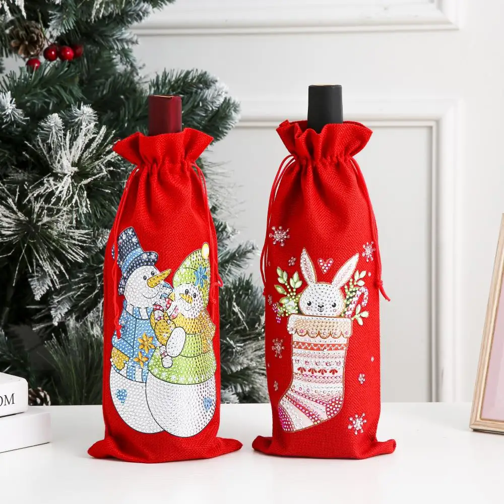 

16Pcs Diamond Painting Red Wine Bag Cover DIY Christmas Cartoon Santa Claus Christmas Tree Cloth Bag