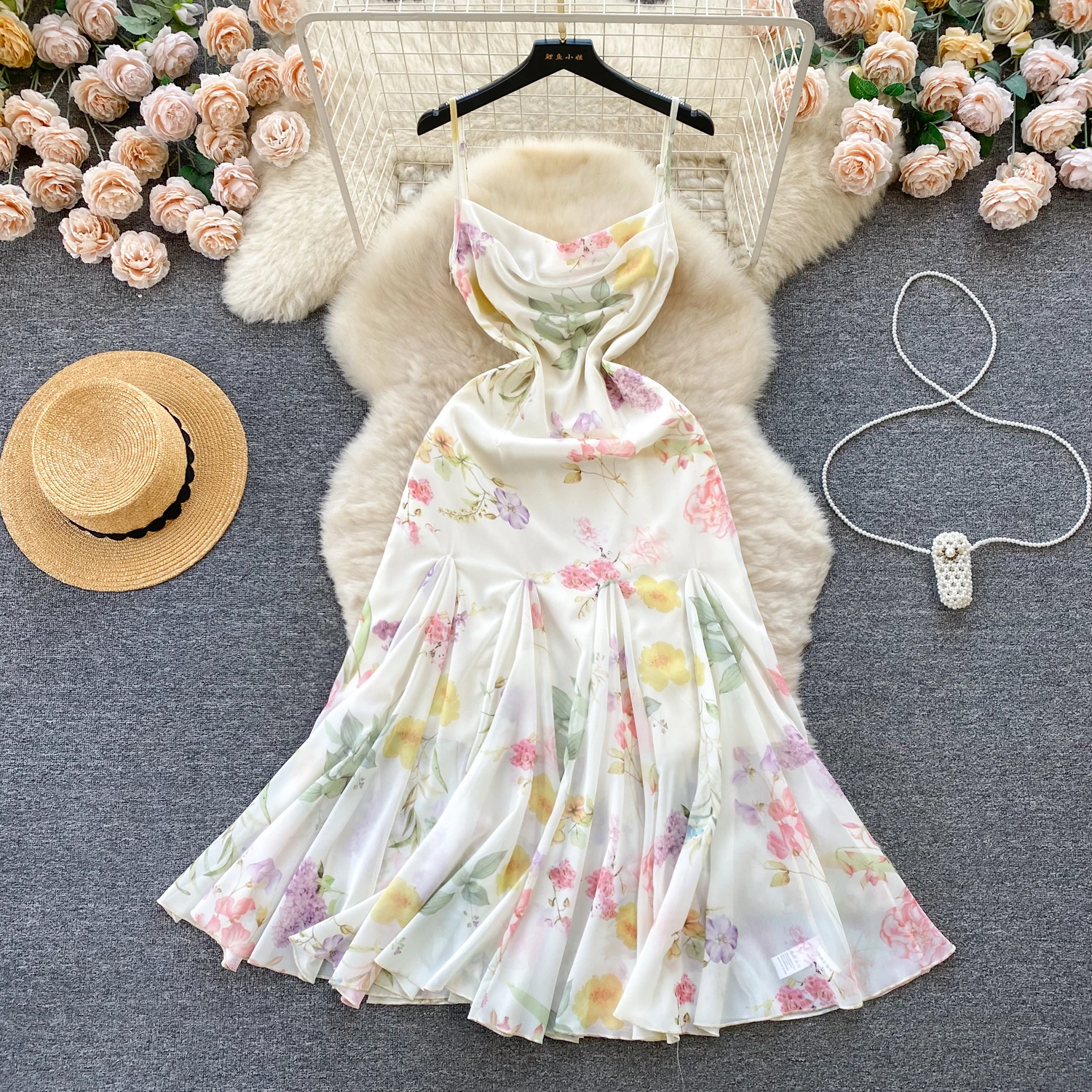 French Elegant Beach Dress New Women Sexy Floral Printed Slim Mid Length Ruffled Party Dresses Ladies Summer Long Robe